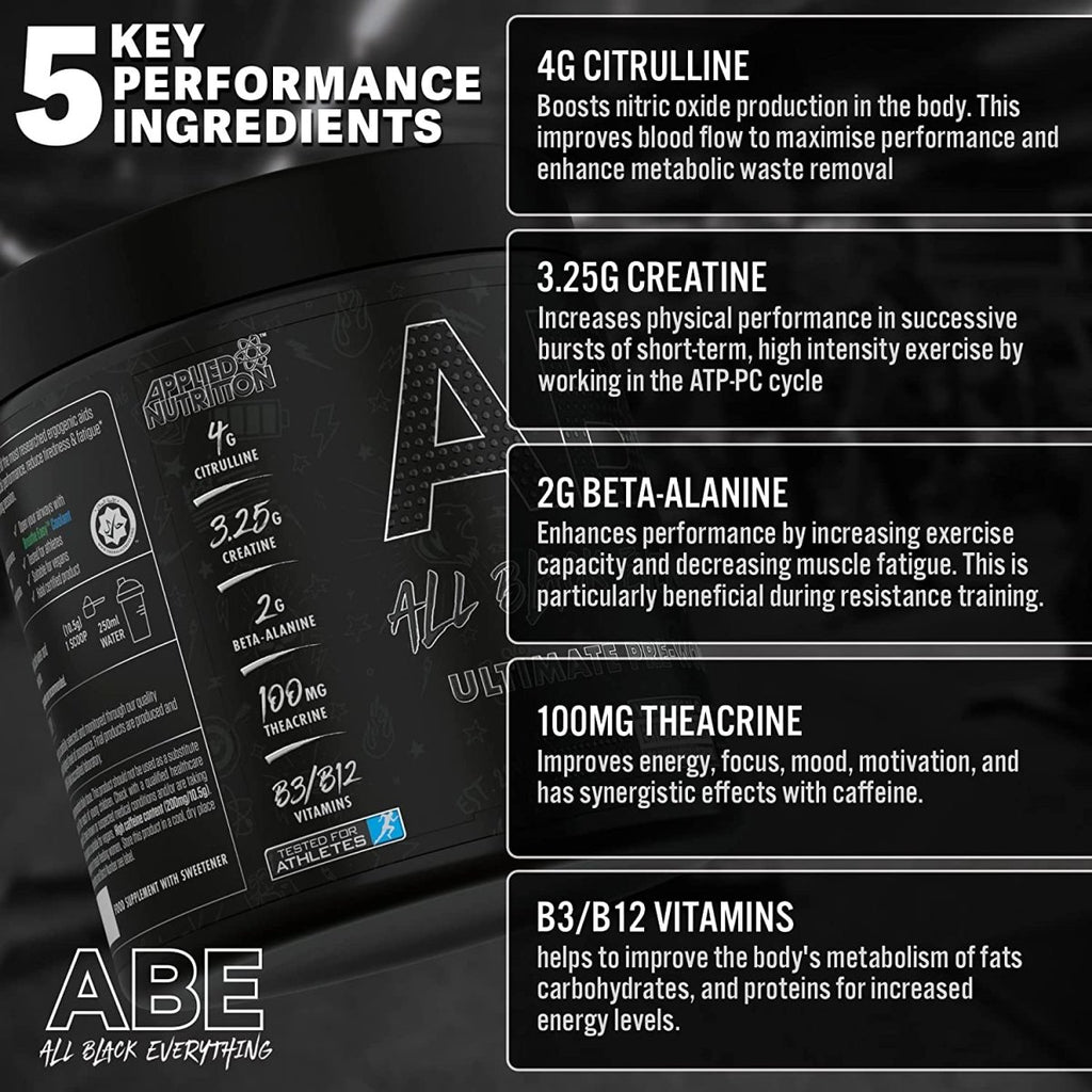 Applied Nutrition ABE Pre Workout - All Black Everything Pre Workout Powder, Energy & Physical Performance with Citrulline, Creatine, Beta Alanine (315g - 30 Servings) (Tropical) - Gluta