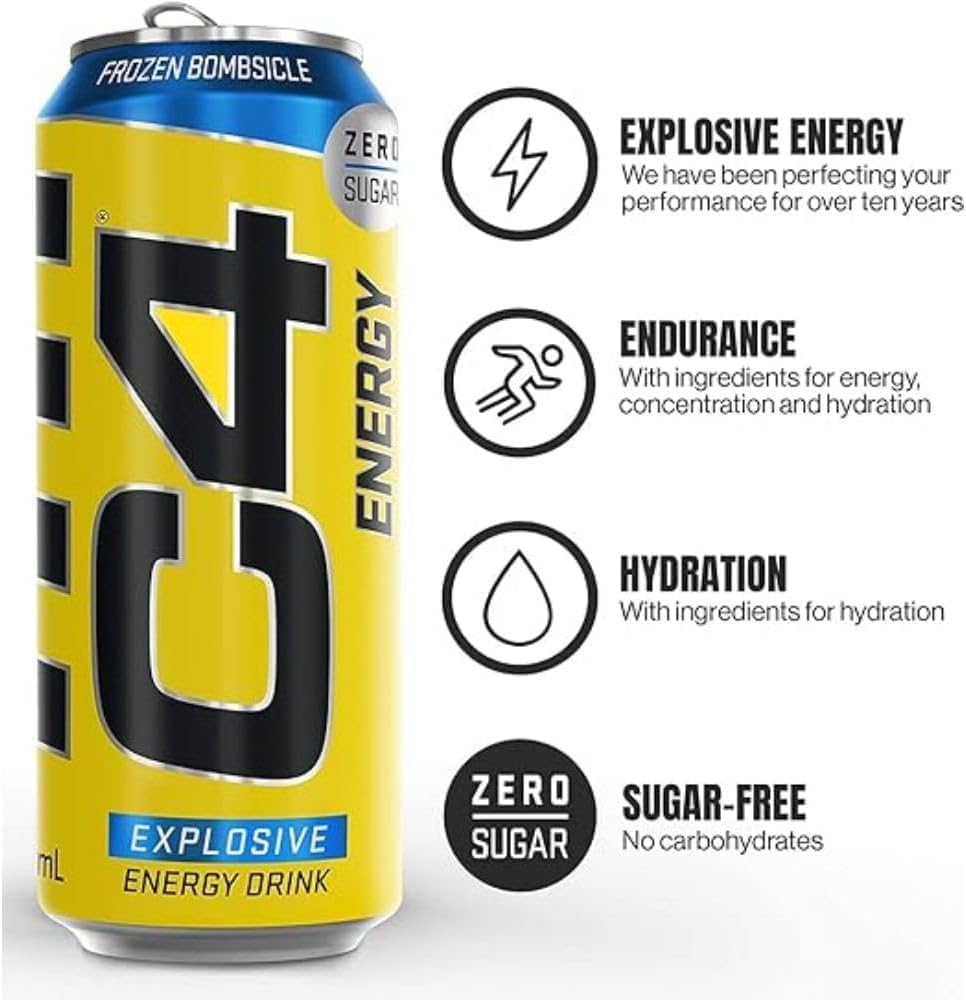 Cellucor C4 Energy Drink, FROZEN BOMBSICLE, Carbonated Sugar Free Pre Workout Performance Drink with no Artificial Colors or Dyes, 500 ml, Pack of 12 - Gluta